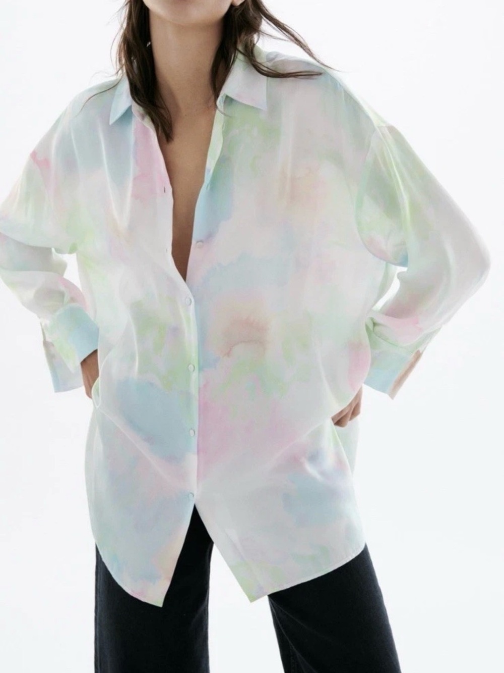 Zara Watercolor Satin Oversized Button Front Blouse XS Pastel Shirt